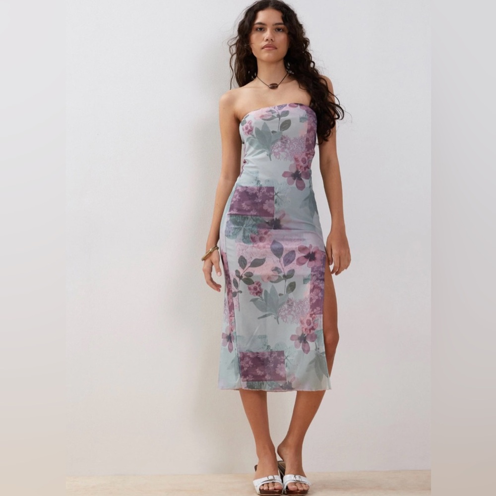 Motel rocks Nehwa Bandeau Mesh Midi Dress in Abstract Scrapbook. NEW XS